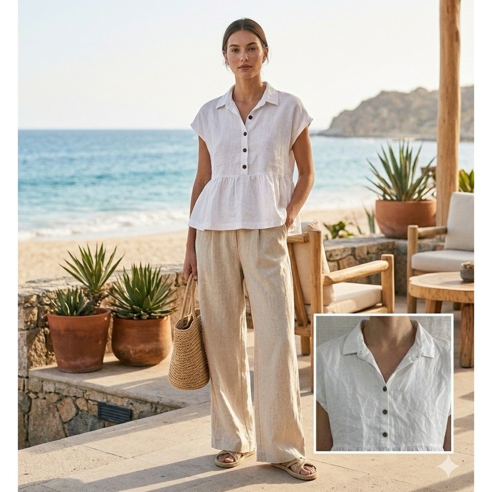 CC California Top Women XS Linen Peplum Boxy Coastal Resort Beachy Minimalist